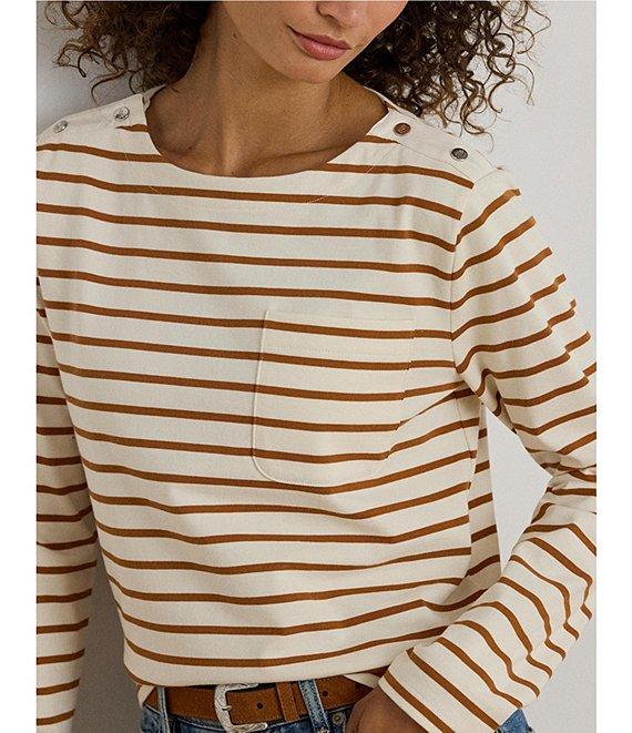 Lauren Ralph Lauren Stripe Jersey Knit Snap Trim Boatneck Top Product Image