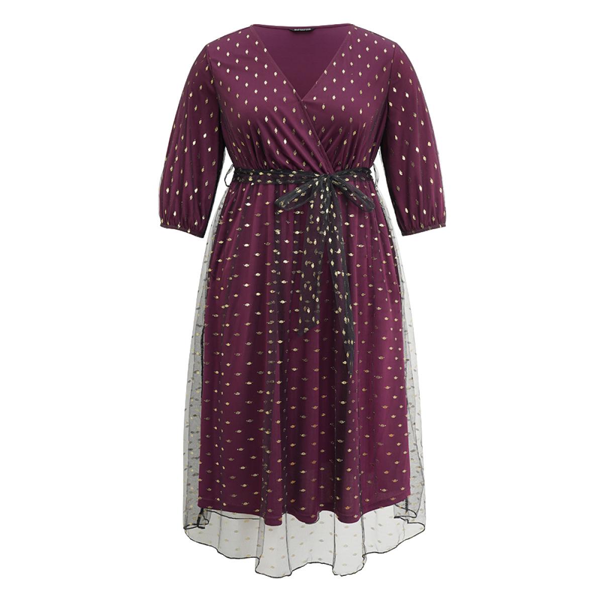 Plus Size Geometric Tiered Mesh Belted Wrap Dress RedViolet Women Glamour Elastic cuffs Overlap Collar Elbow-length sleeve Curvy Midi Dress BloomChic 14-16/1X Product Image