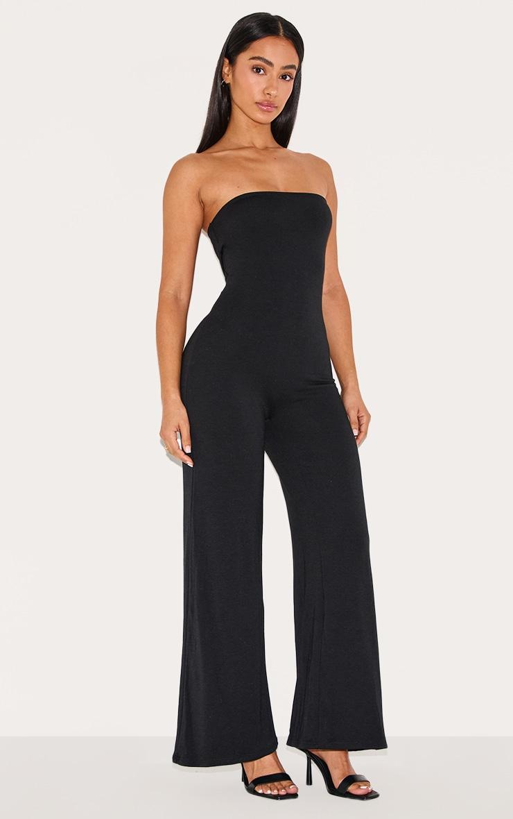 Petite Black Double Layer Jersey Bandeau Wide Leg Jumpsuit Product Image