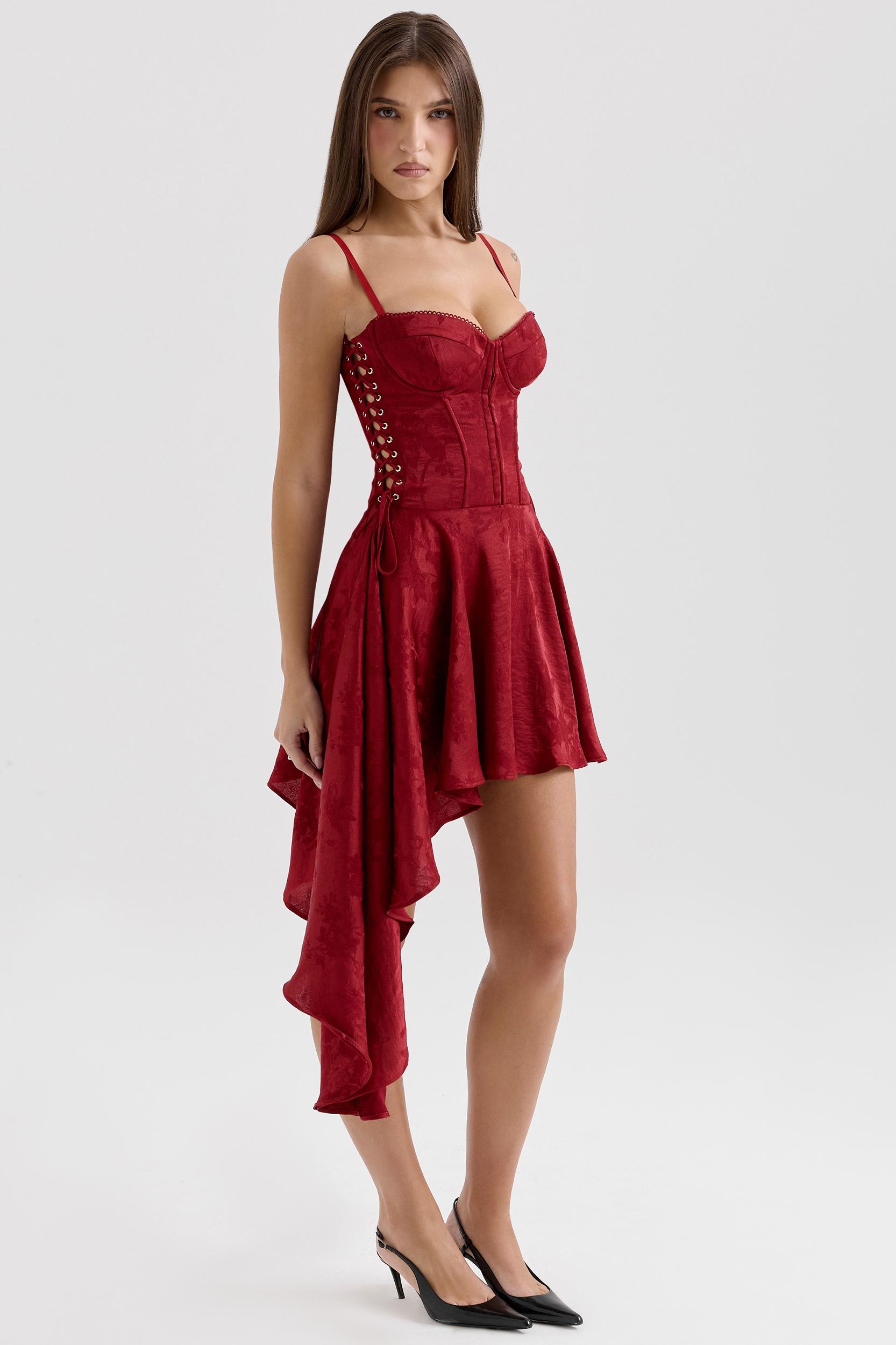 Lola  wine jacquard satin draped mini dress Product Image