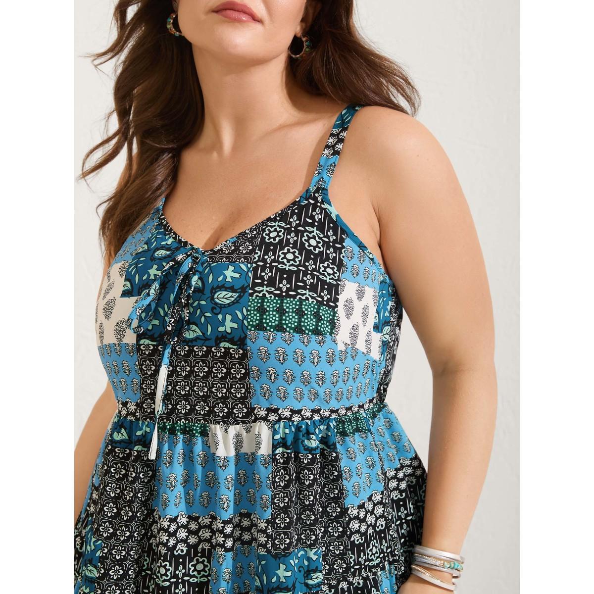 Plus Size Boho Floral Collage Stretchy Waist Midi Dress Multicolor Women Tie knot Non Sleeveless Curvy BloomChic 30/6X Product Image