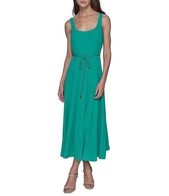 KARL LAGERFELD PARIS Twill Square Neck Sleeveless Belted Blouson Midi Dress Product Image