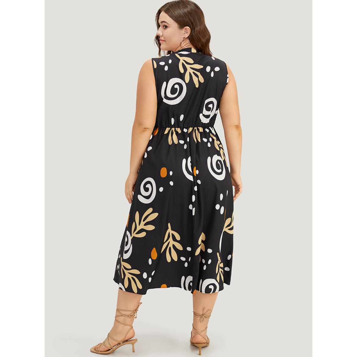 Plus Size Graphic Print Notched Pocket Tank Dress Black Women Vacation Printed Notched collar Sleeveless Curvy Midi Dress BloomChic 30/6X Product Image
