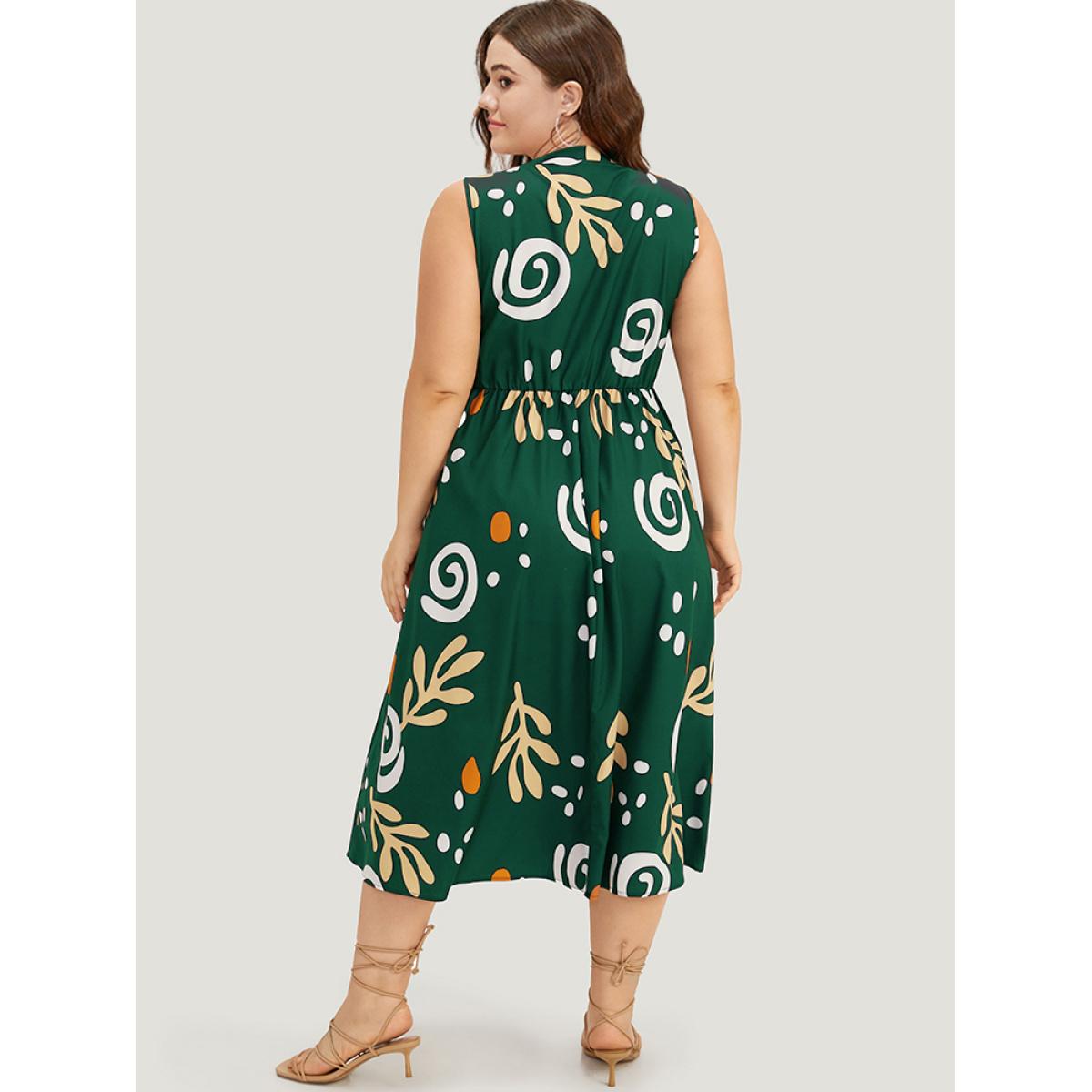 Plus Size Graphic Print Notched Pocket Tank Dress DarkGreen Women Vacation Printed Notched collar Sleeveless Curvy Midi Dress BloomChic 18-20/2X Product Image
