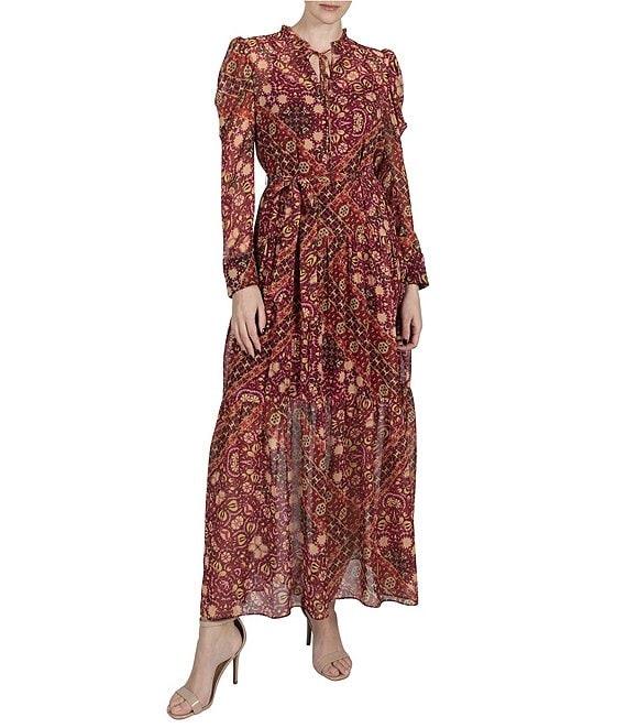 Julia Jordan Printed Chiffon Tie Neck Long Puff Sleeve Belted A-Line Dress Product Image