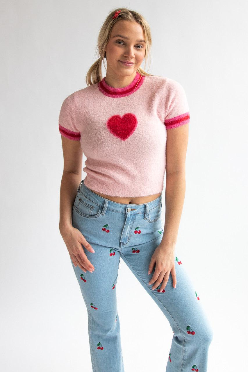 Short Sleeve Heart Eyelash Sweater Product Image