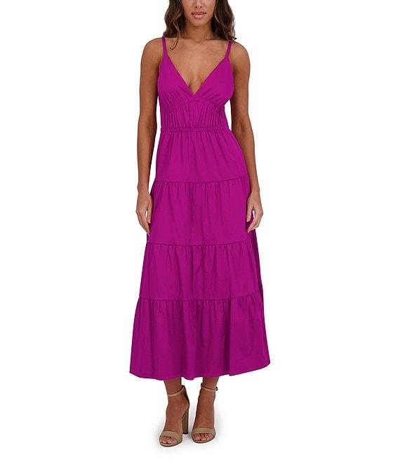 SIENA Solid Stretch Cotton Blend Plunge V-Neck Sleeveless Tiered Hem A-Line Midi Dress Product Image