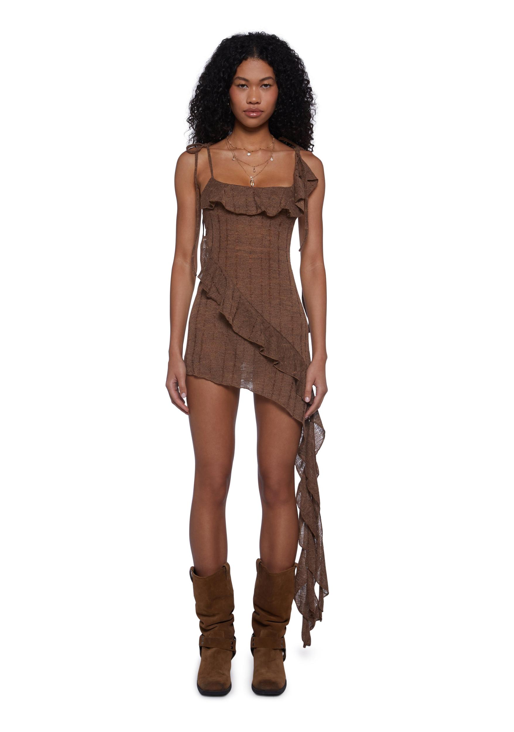 Womens Sexy Assymetrical Mini Dress With Ties - Brown Product Image