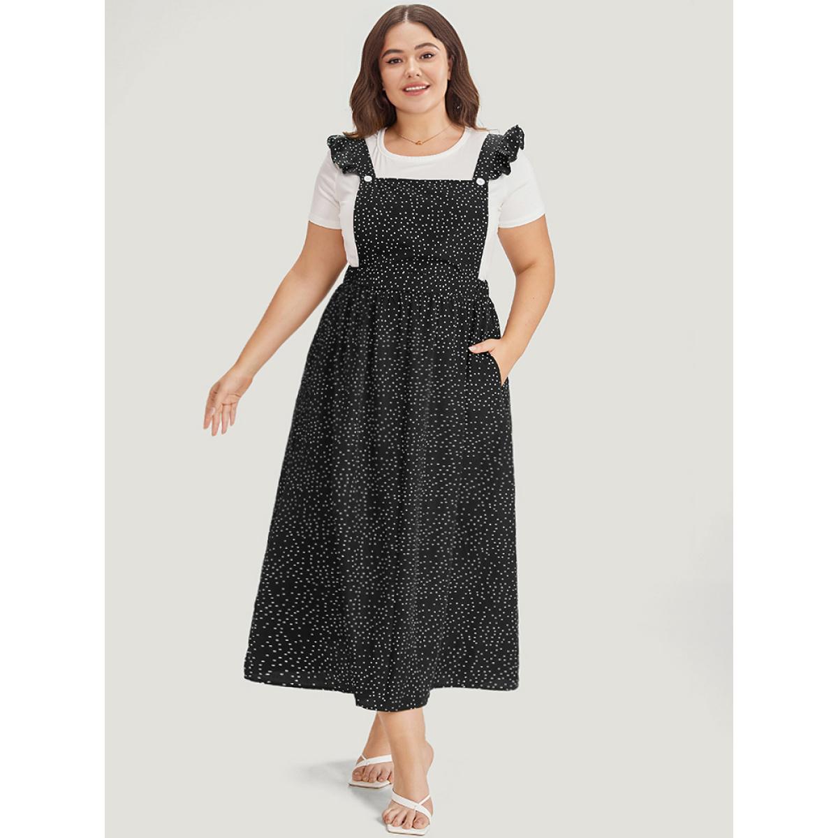 Plus Size Polka Dot Pocket Flutter Trim Overall Dress Black Women Casual Elastic Waist Spaghetti Strap Sleeveless Curvy Midi Dress BloomChic 28/5X Product Image