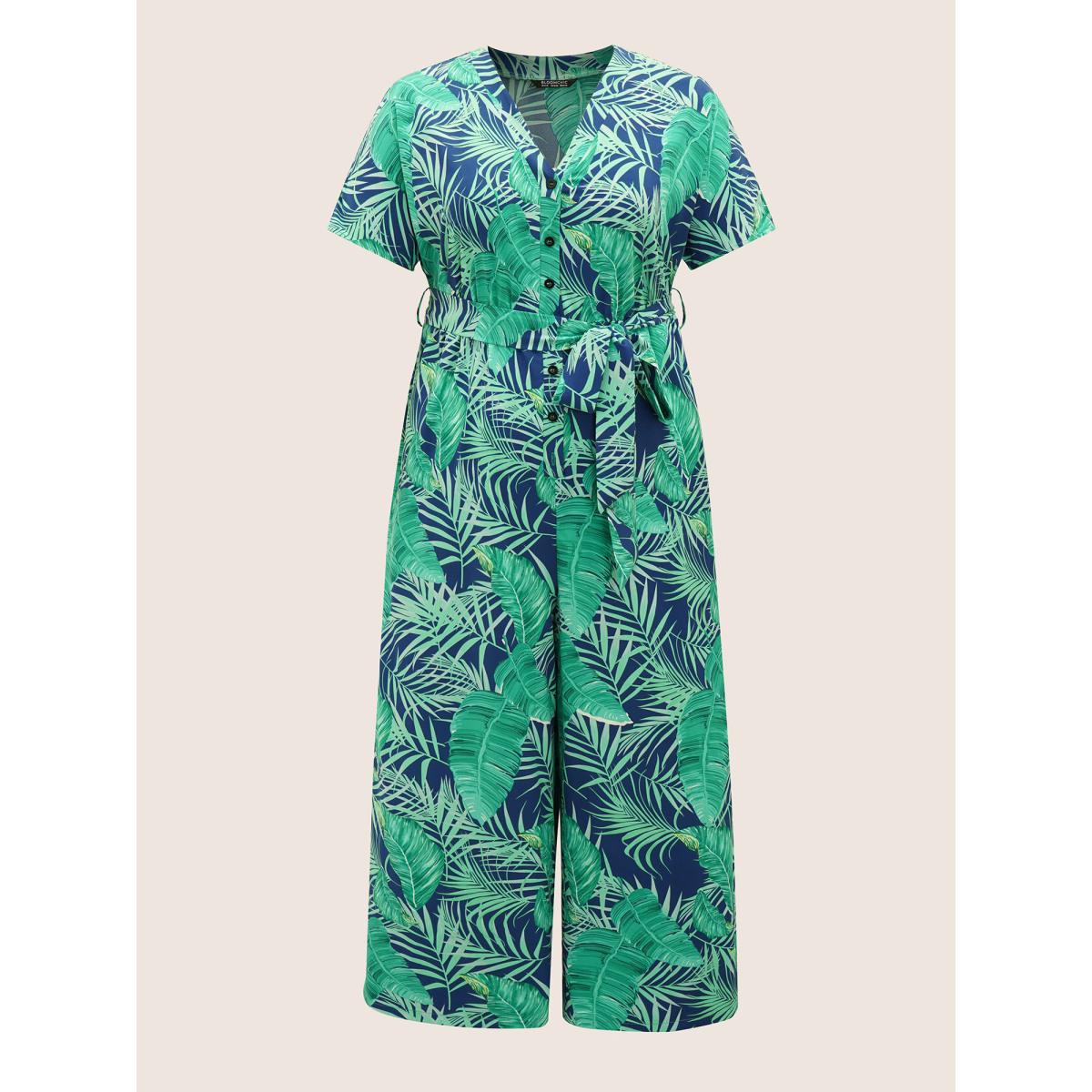 Plus Size Indigo Tropical Print Button Up Belted Jumpsuit Women Resort Short sleeve V-neck Vacation Loose Jumpsuits BloomChic 12/L Product Image