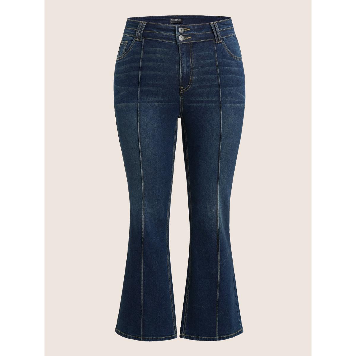Plus Size Bootcut Seam Detail Button Up Full Length Jeans Women Indigo Casual Plain Non High stretch Slanted pocket Jeans BloomChic 20/2X Product Image