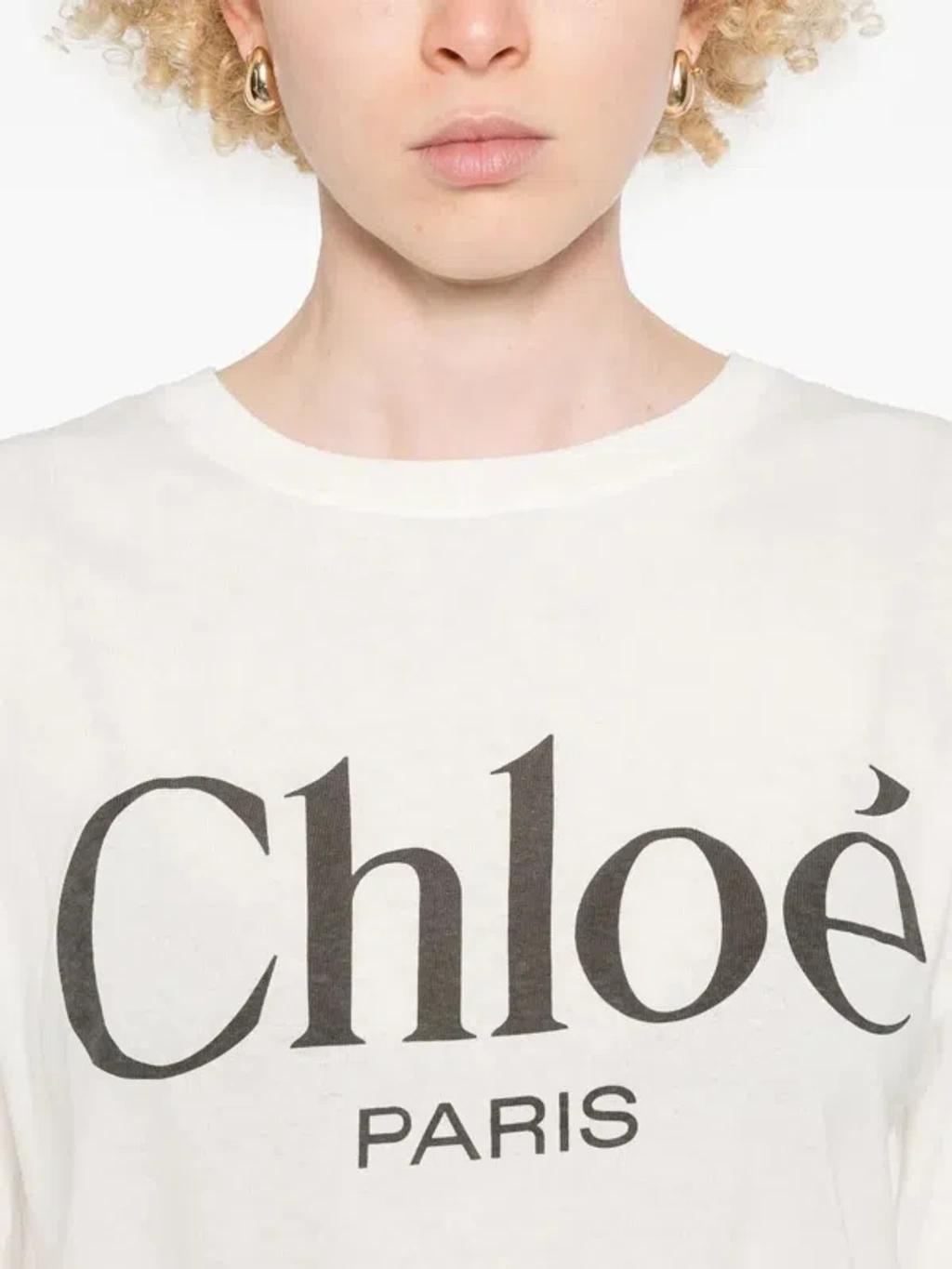 CHLOÉ White Crewneck T-shirt With Logo Print On The Front In Cotton Woman Product Image