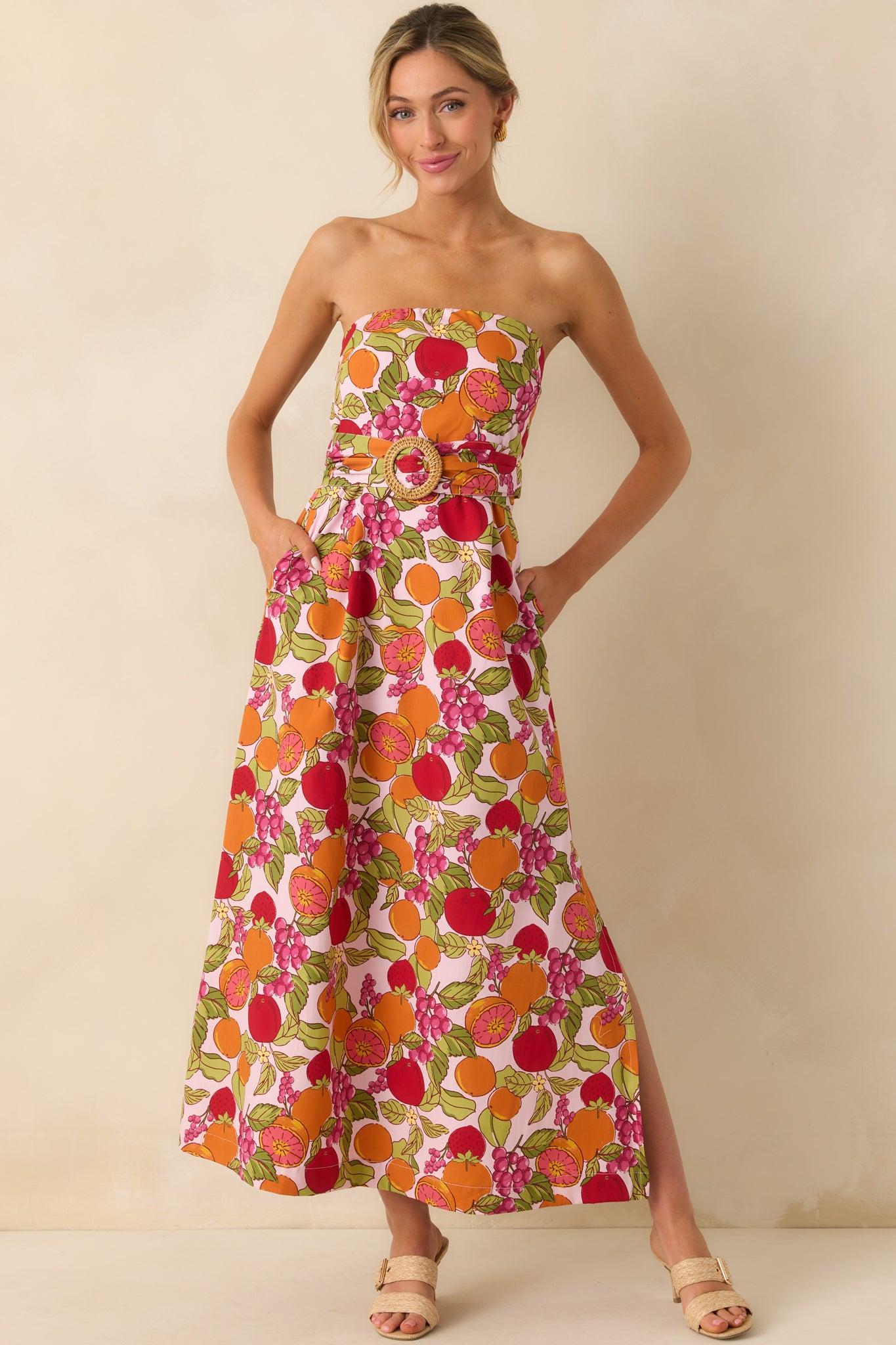 Sweetness To Spare Pink Fruit Print Cotton Strapless Maxi Dress Product Image