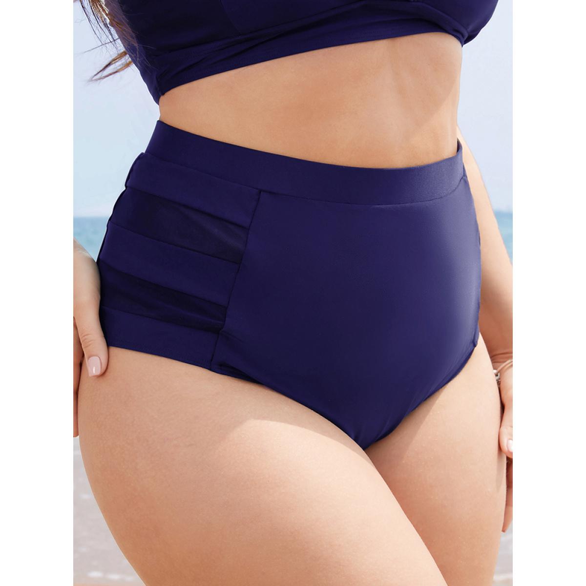 Plus Size Plain Mesh Insert Swim Bottoms Women's Swimwear Indigo Vacation Plain High stretch Skinny High Rise Curve Swim Bottoms BloomChic 22-24/3X Product Image