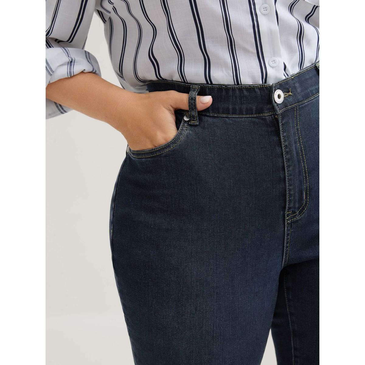 Plus Size Skinny Very Stretchy High Rise Dark Wash Gap Proof Jeans Women DarkBlue Leisure Plain Non High stretch Slanted pocket Jeans BloomChic 12/L Product Image