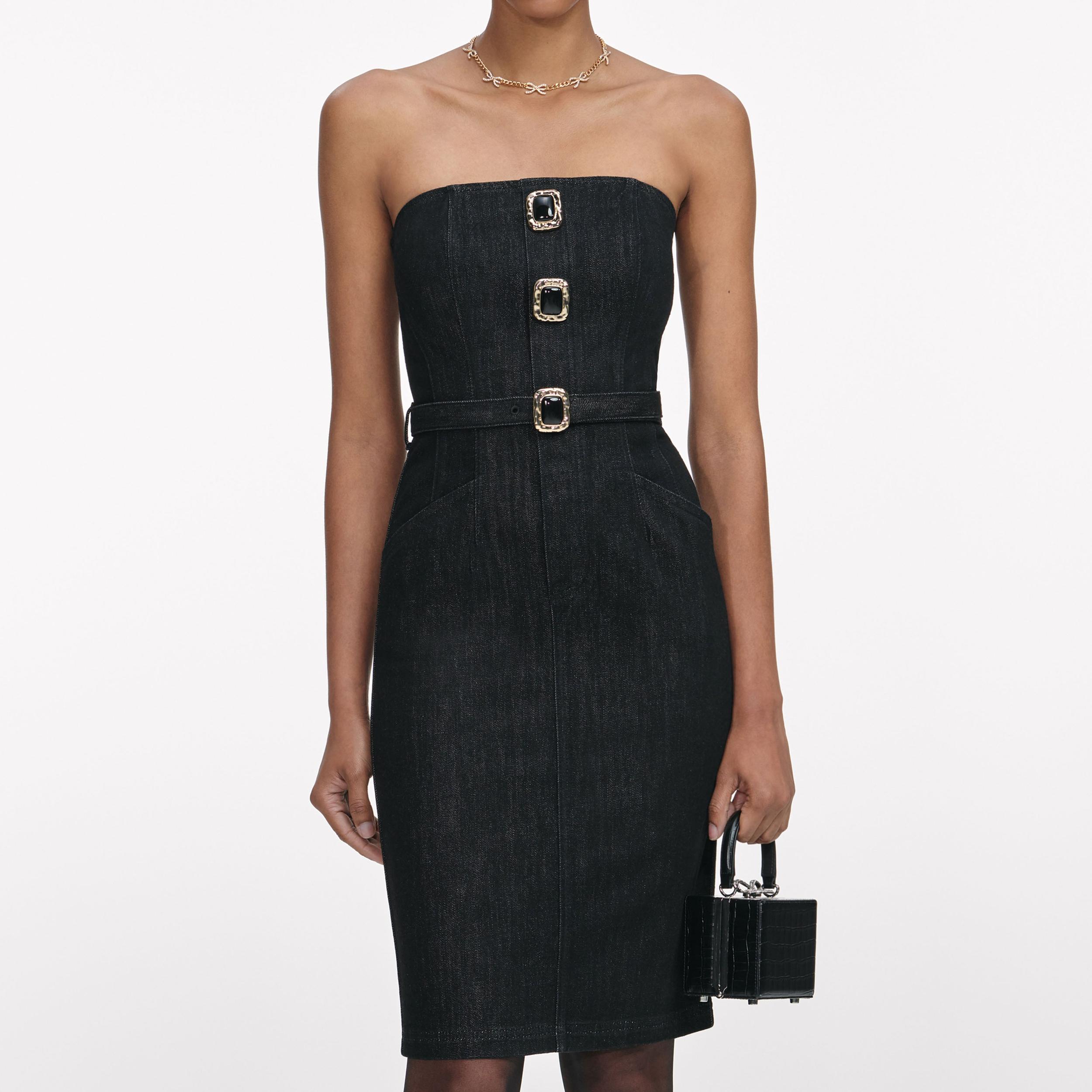 Black Denim Bandeau Midi Dress Product Image