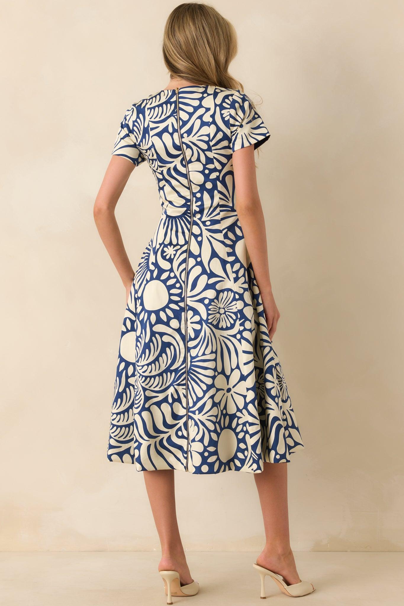 Prosperina Margot Navy Floral Print Cotton Reversible Midi Dress L / Navy Product Image