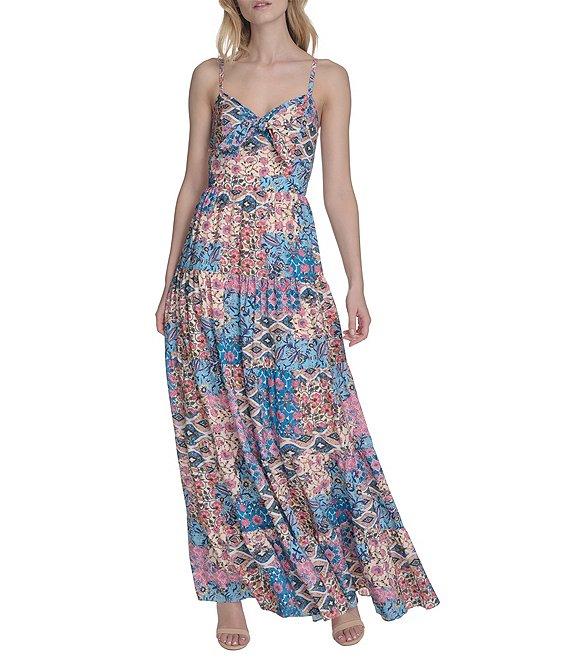 Eliza J Sweetheart Tie Front Patchwork Print Crepe De Chine Maxi Dress Product Image