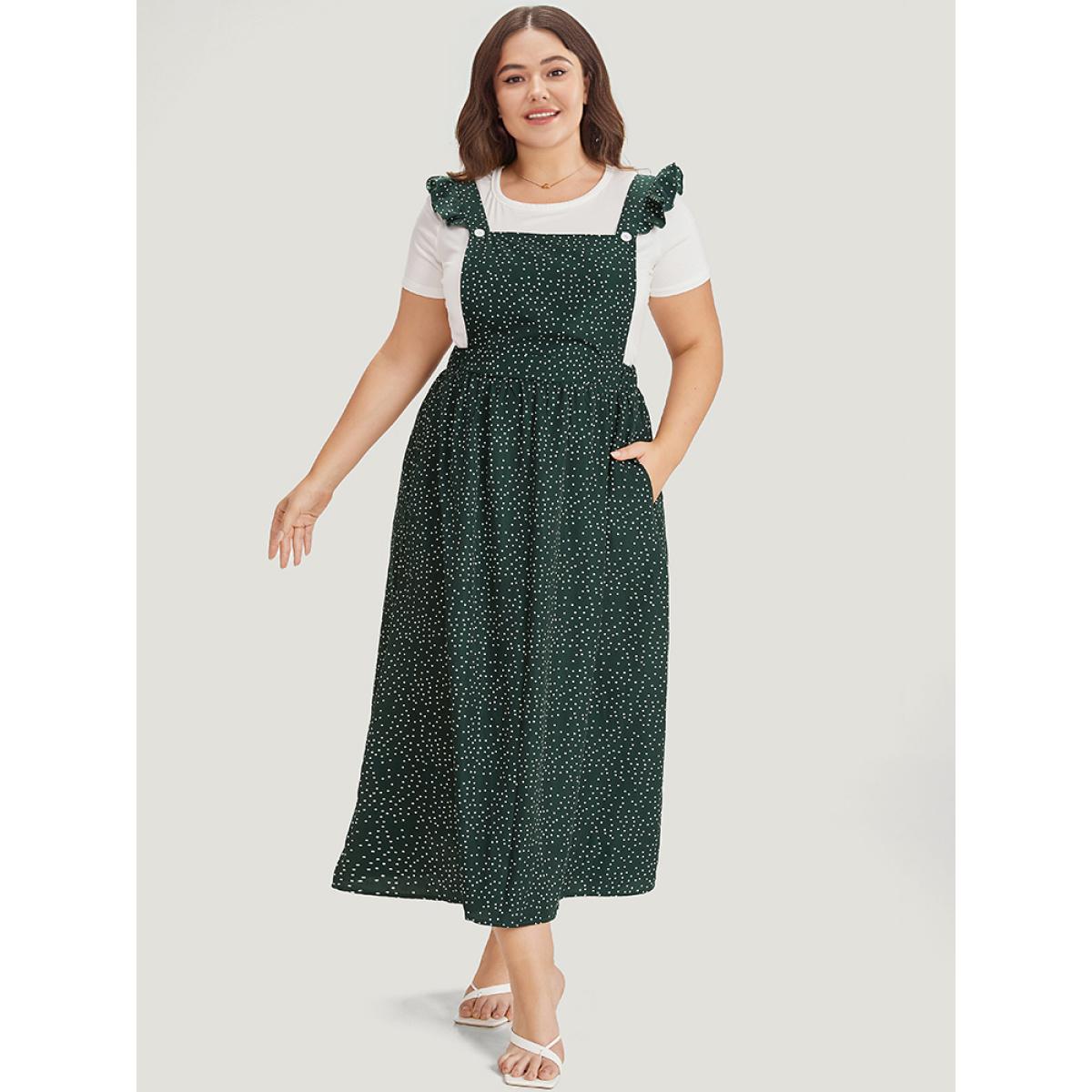 Plus Size Polka Dot Pocket Flutter Trim Overall Dress Green Women Casual Elastic Waist Spaghetti Strap Sleeveless Curvy Midi Dress BloomChic 10/M Product Image