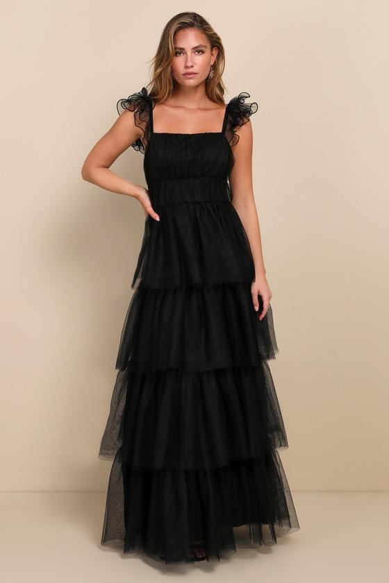 Tulle For Love Black Mesh Tulle Tiered Ruffled Maxi Dress Product Image