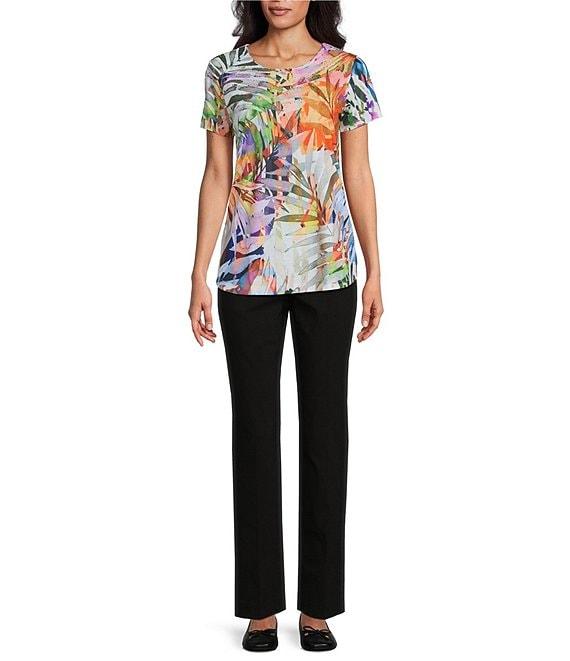 Allison Daley Petite Size Tropical Melange Print Short Sleeve Crew Neck Knit Top Product Image