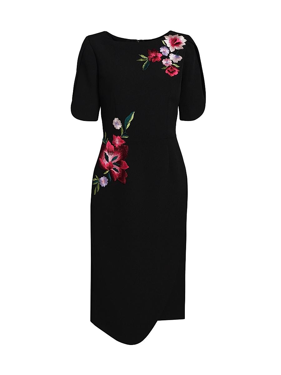 Womens Floral Embroidered Crepe Boatneck Midi-Dress Product Image
