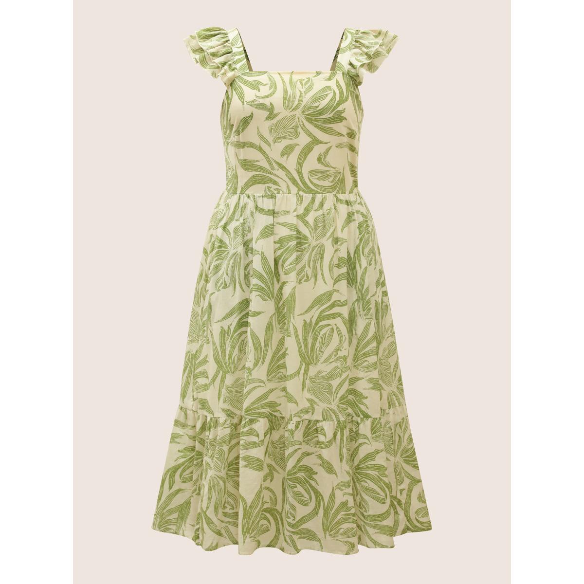 Plus Size Cotton Square Neck Floral Print Tiered Ruffles Dress LightGreen Women Casual Ruffles Square Neck Cap Sleeve Curvy BloomChic 28/5X Product Image