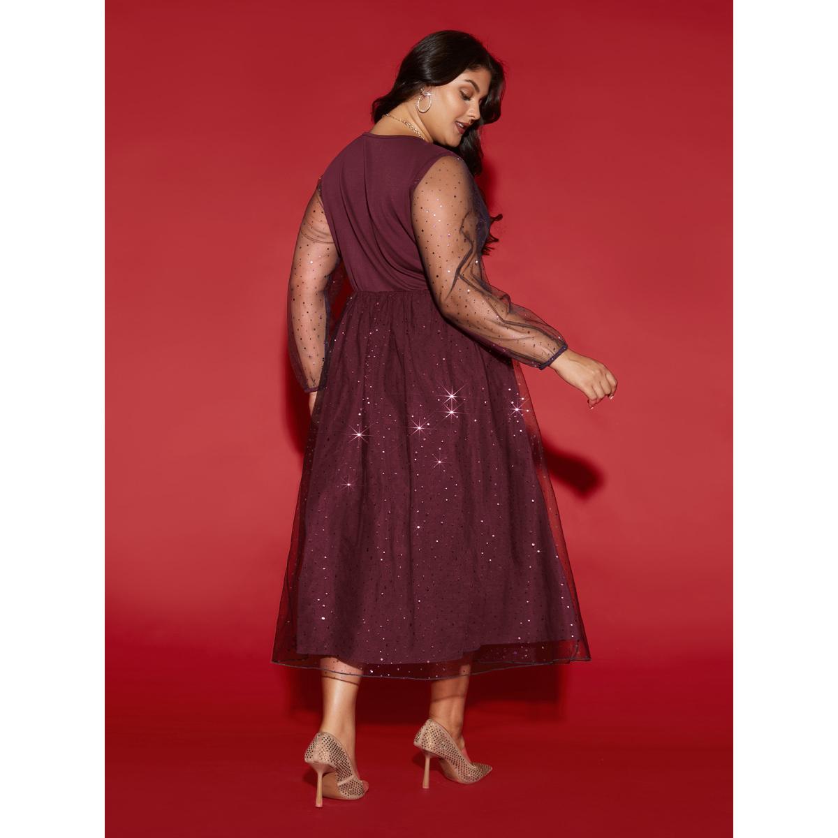 Plus Size Sheer Mesh Shimmering Sequins Maxi Dress Burgundy Women Party&Cocktail Texture Party Curvy Bloomchic 14-16/1X Product Image