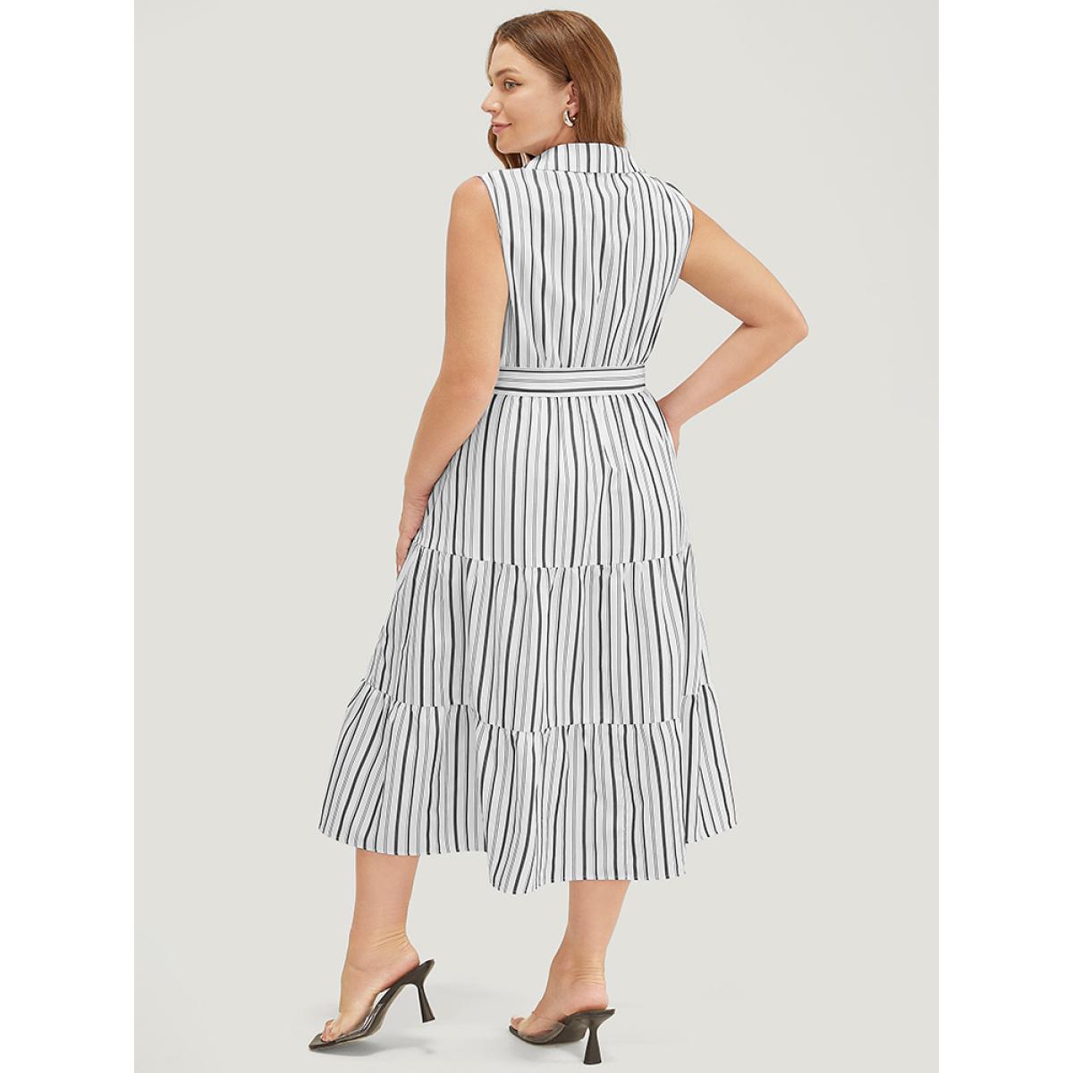 Plus Size Striped Print Pocket Button Detail Belt Sleeveless Dress Ivory Women Office Belted Shirt collar Sleeveless Curvy Midi Dress BloomChic 14-16/1X Product Image