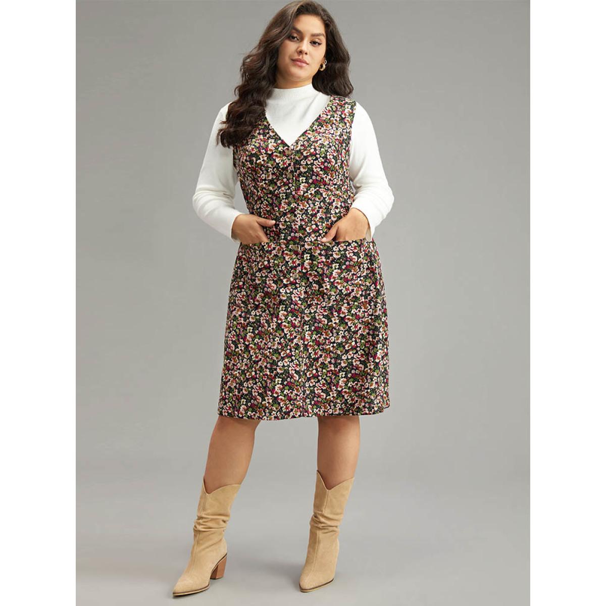 Plus Size Ditsy Floral Pocket Button Detail Tank Dress Indigo Women Elegant Printed V-neck Sleeveless Curvy Knee Dress BloomChic 14-16/1X Product Image