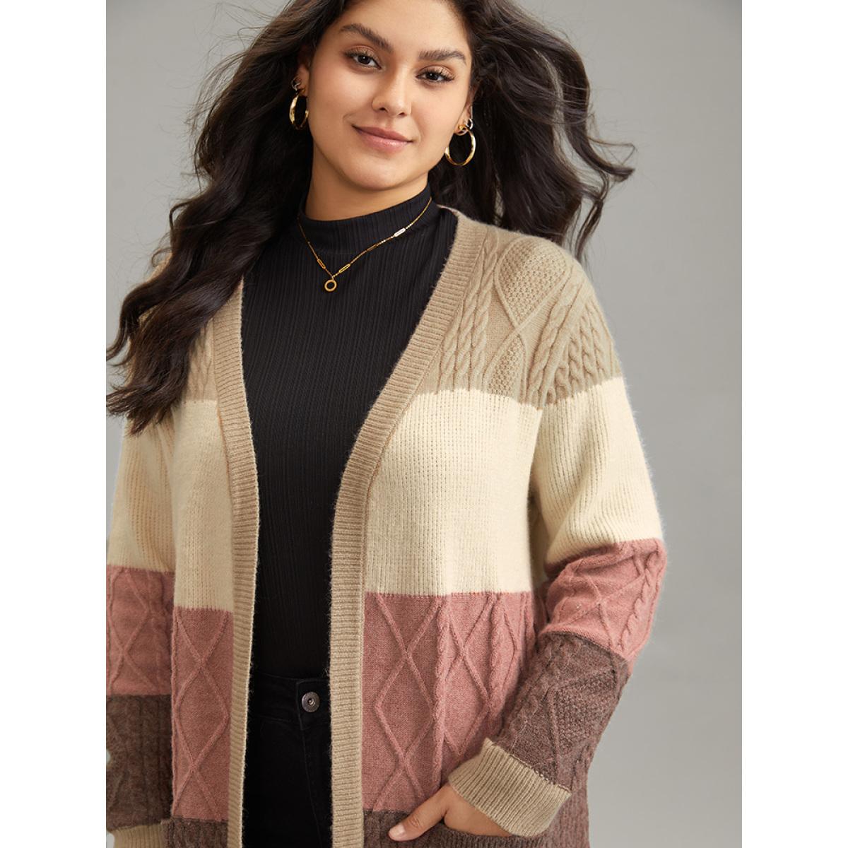 Plus Size Anti-Pilling Cable Knit Colorblock Patched Pocket Cardigan Multicolor Women Casual Loose Long Sleeve Everyday Cardigans BloomChic 14-16/1X Product Image