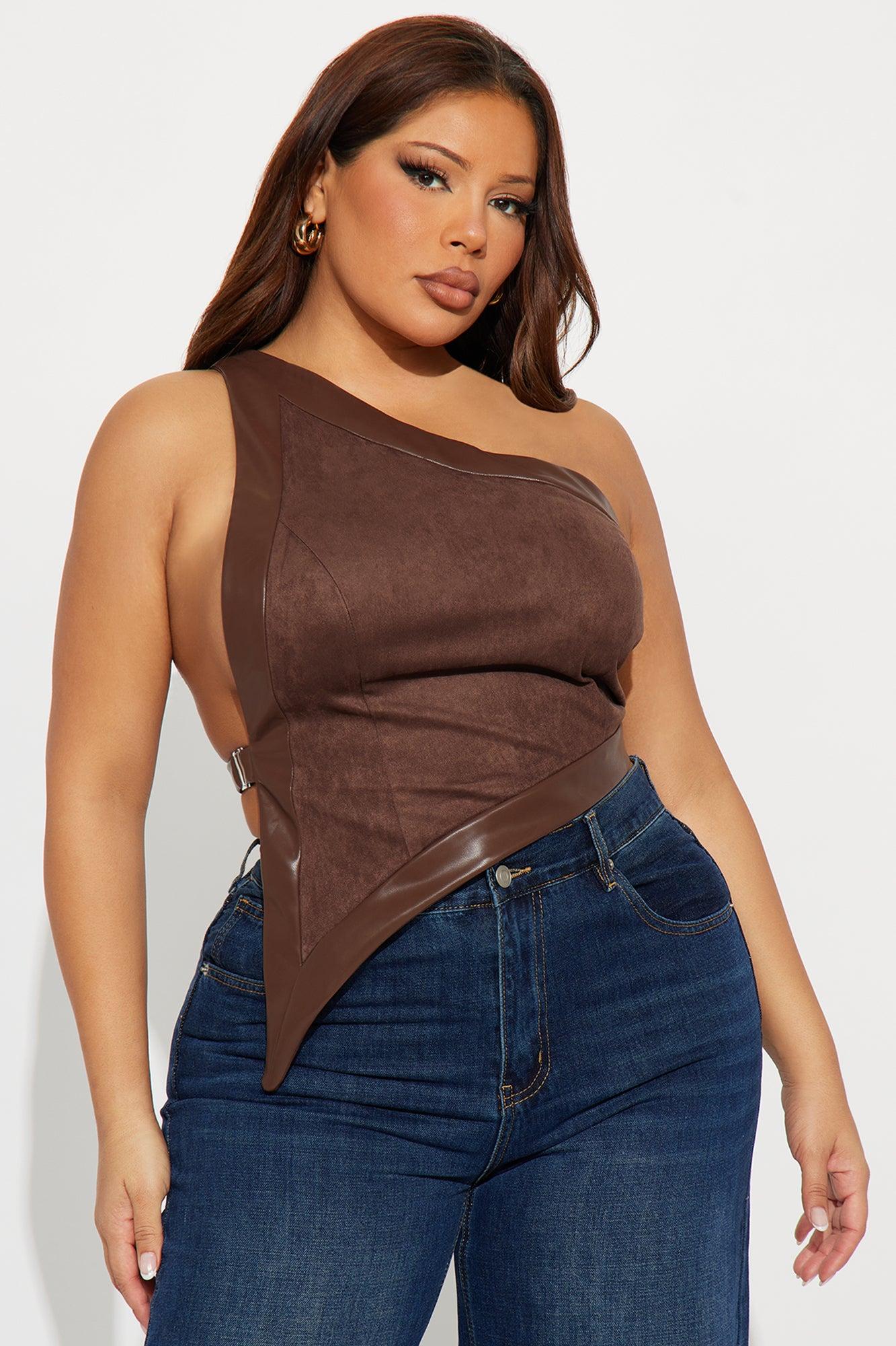 Keep It Spicy Asymmetrical Faux Suede Top - Brown Female Product Image