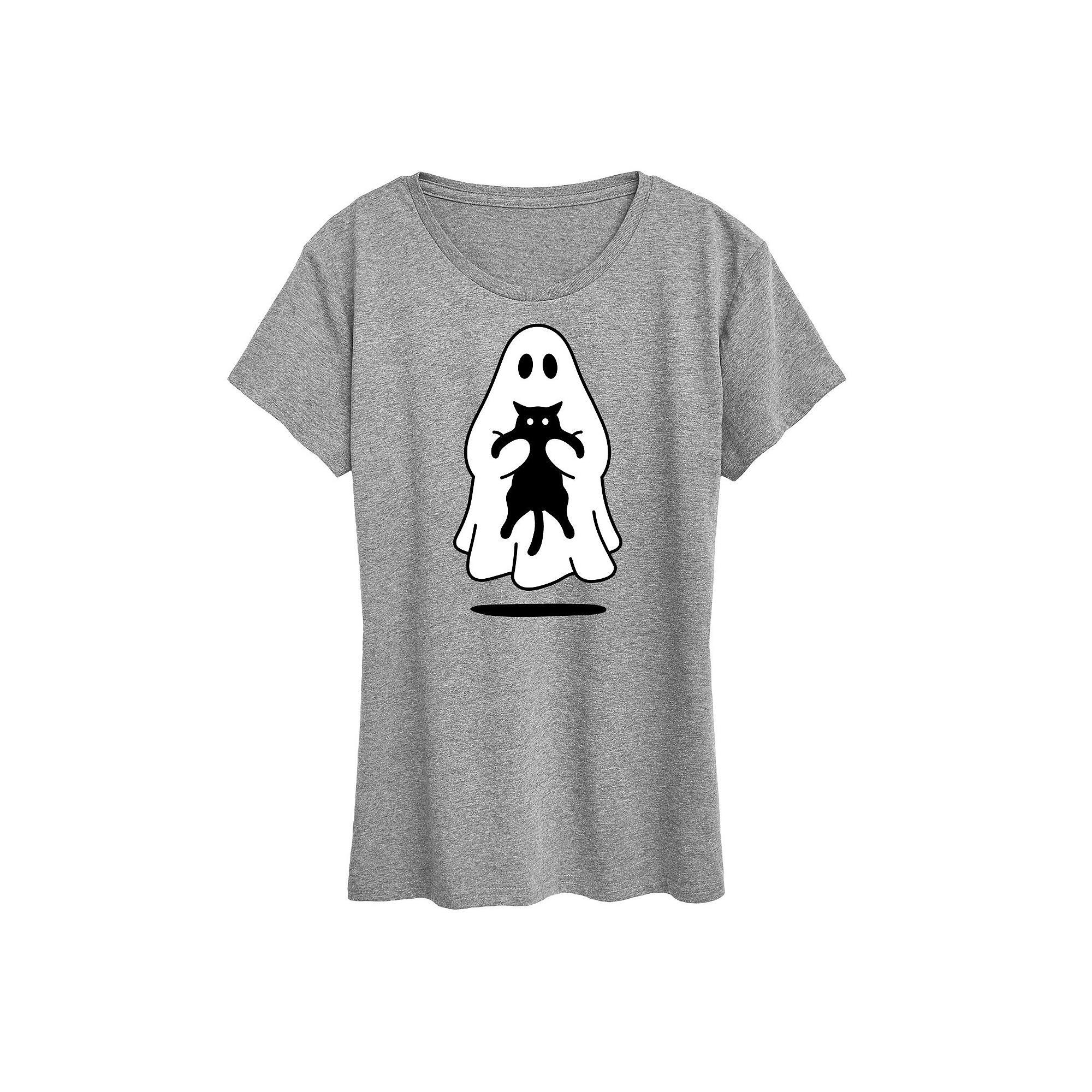 Women's Ghost Holding Black Cat Graphic Tee,  Product Image