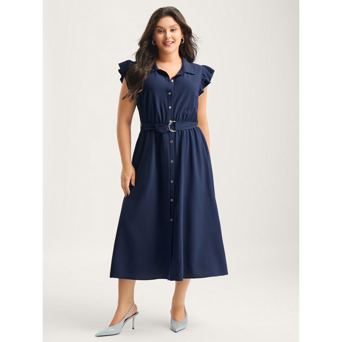 Plus Size Flutter Sleeve Belted Shirt Dress DarkBlue Women Shirt collar Cap Sleeve Curvy BloomChic 18-20/2X Product Image