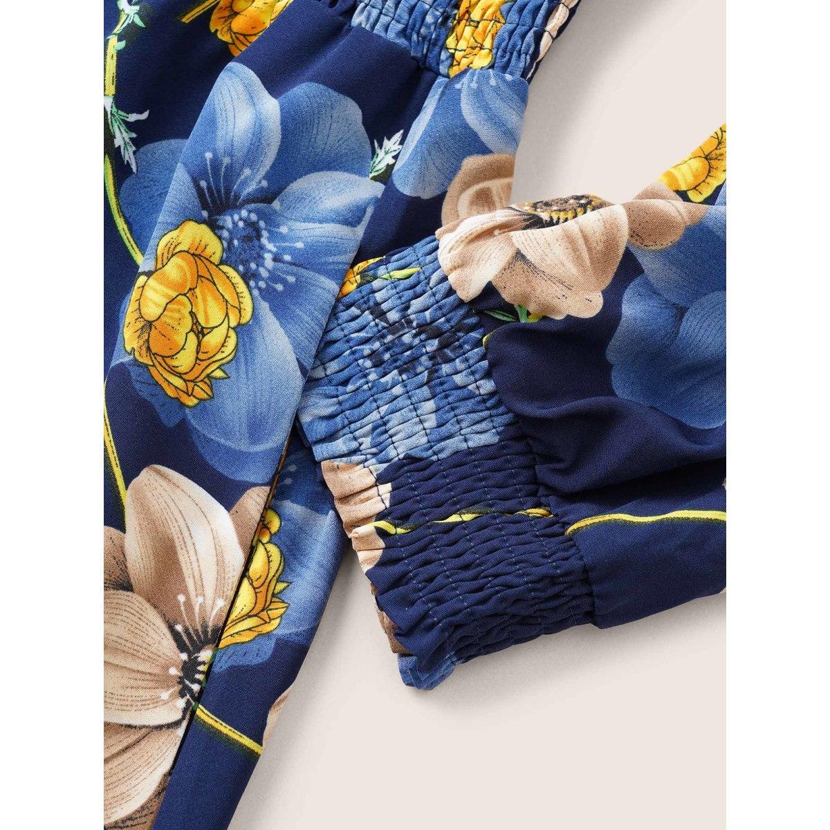 Plus Size Floral Print Square Neck Shirred Cuffs Dress DarkBlue Women Elegant Non Square Neck Elbow-length sleeve Curvy Midi Dress BloomChic 28/5X Product Image