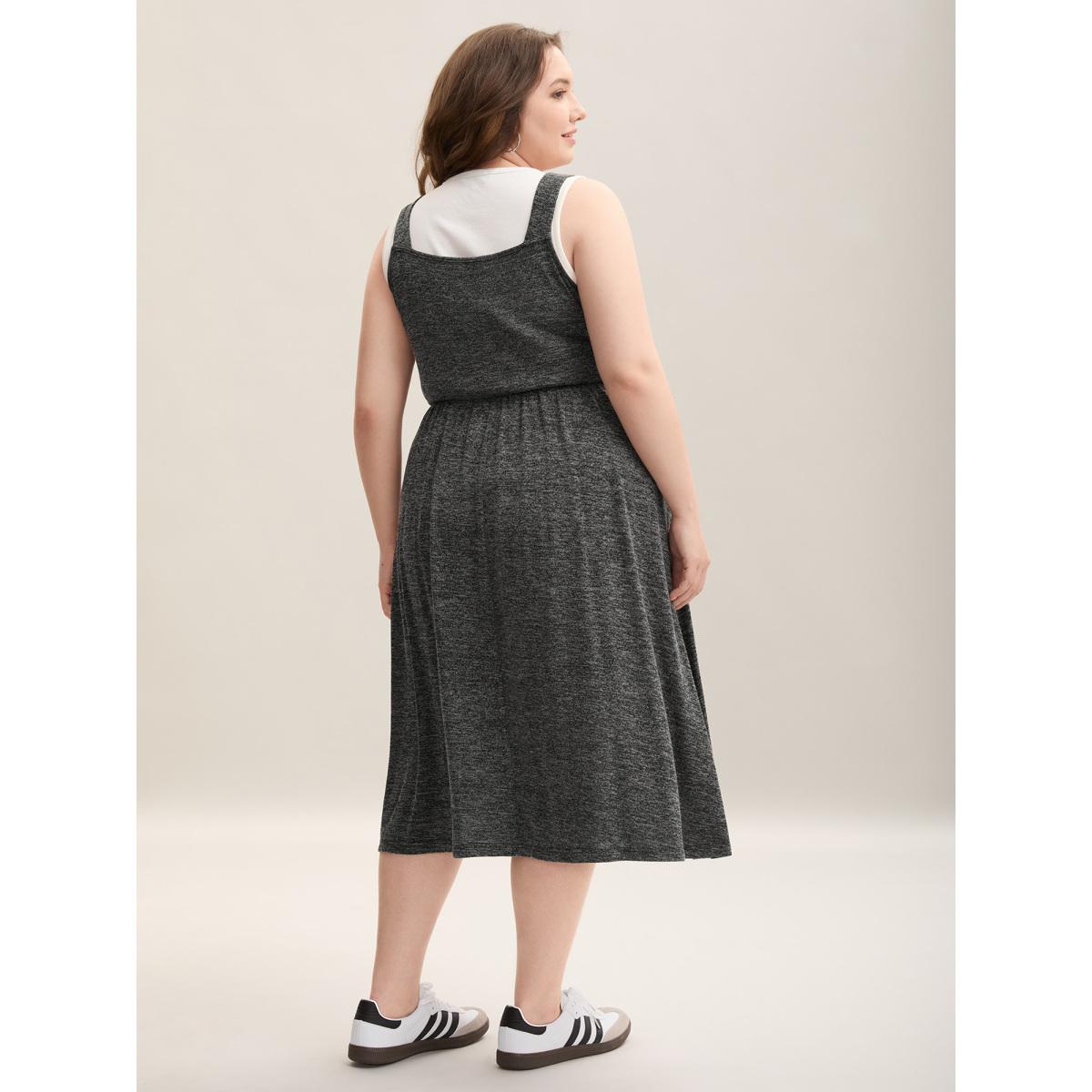 Plus Size Super Stretchy Overall Straps Knit Midi Dress Black Women Casual Drawstring Knit Dresses Bloomchic 18-20/2X Product Image