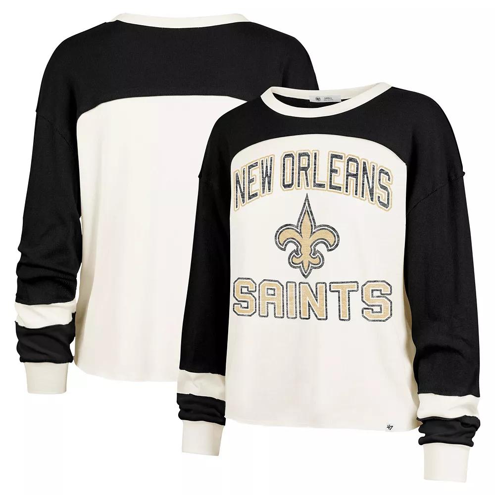 Women's '47 Cream New Orleans Saints Double Header Curve Raglan Long Sleeve Crop Top, Size: Large, Beige Product Image