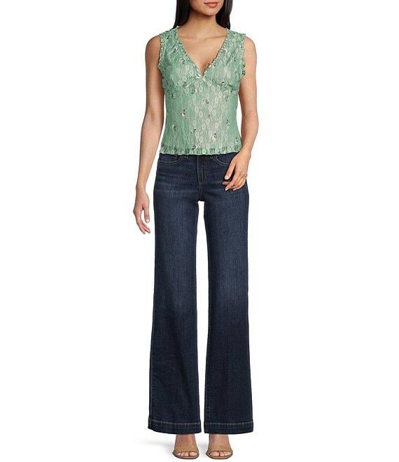 Honey & Sparkle Floral Pattern V-Neck Sleeveless Ruffle Edge Lined Lace Top Product Image