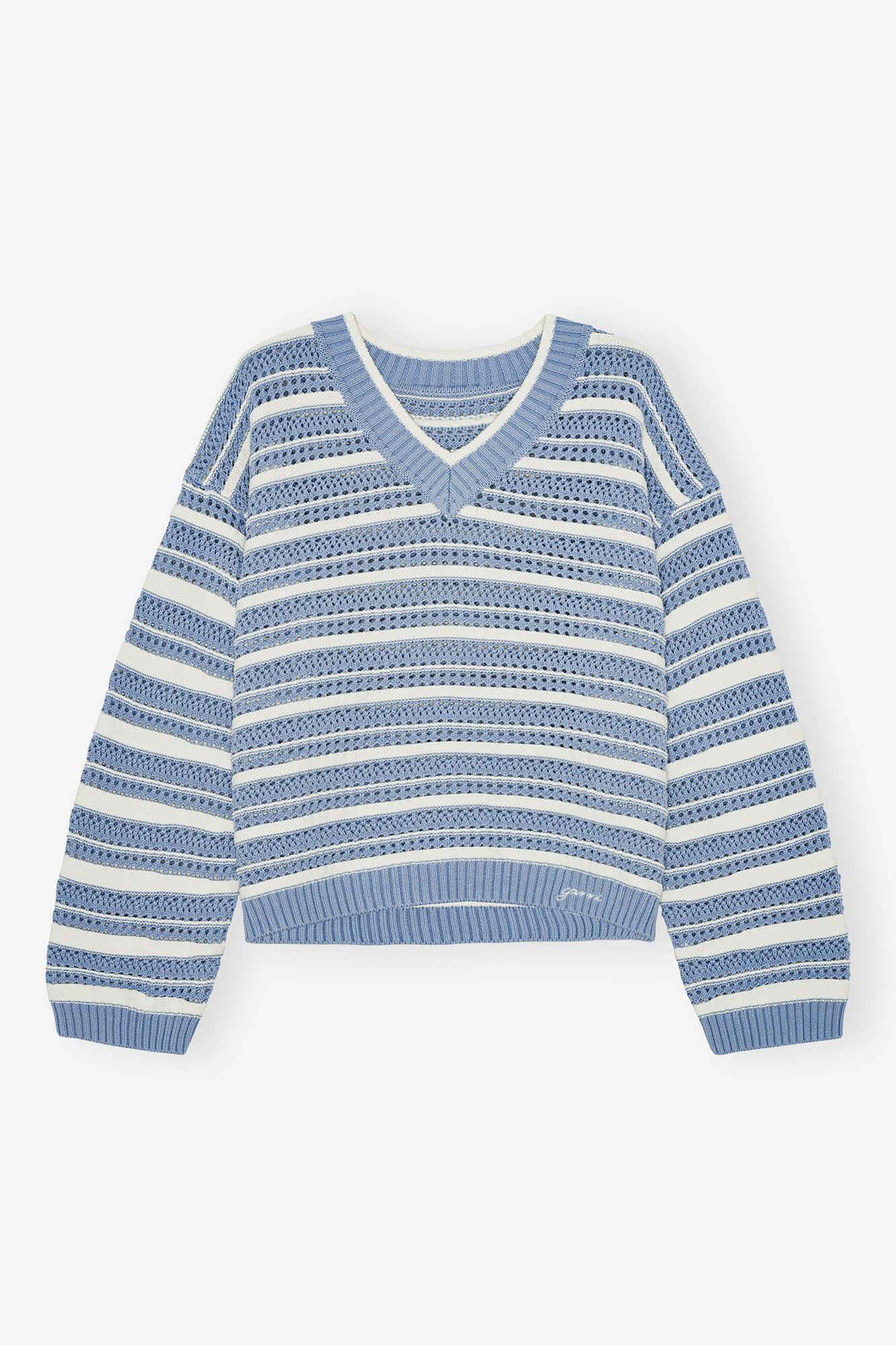 Blue Striped Cotton V-neck Sweater Product Image