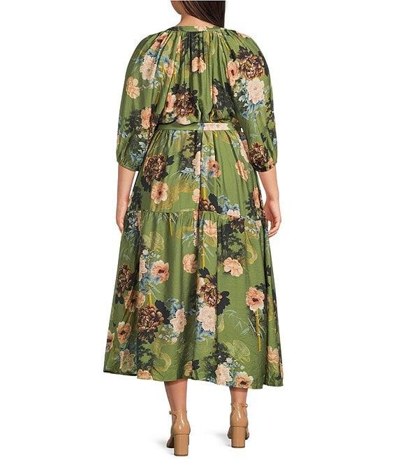Calessa Plus Size V-Neck 3/4 Sleeved Floral Print Tie-Belt Button-Front Tiered Midi Dress Product Image