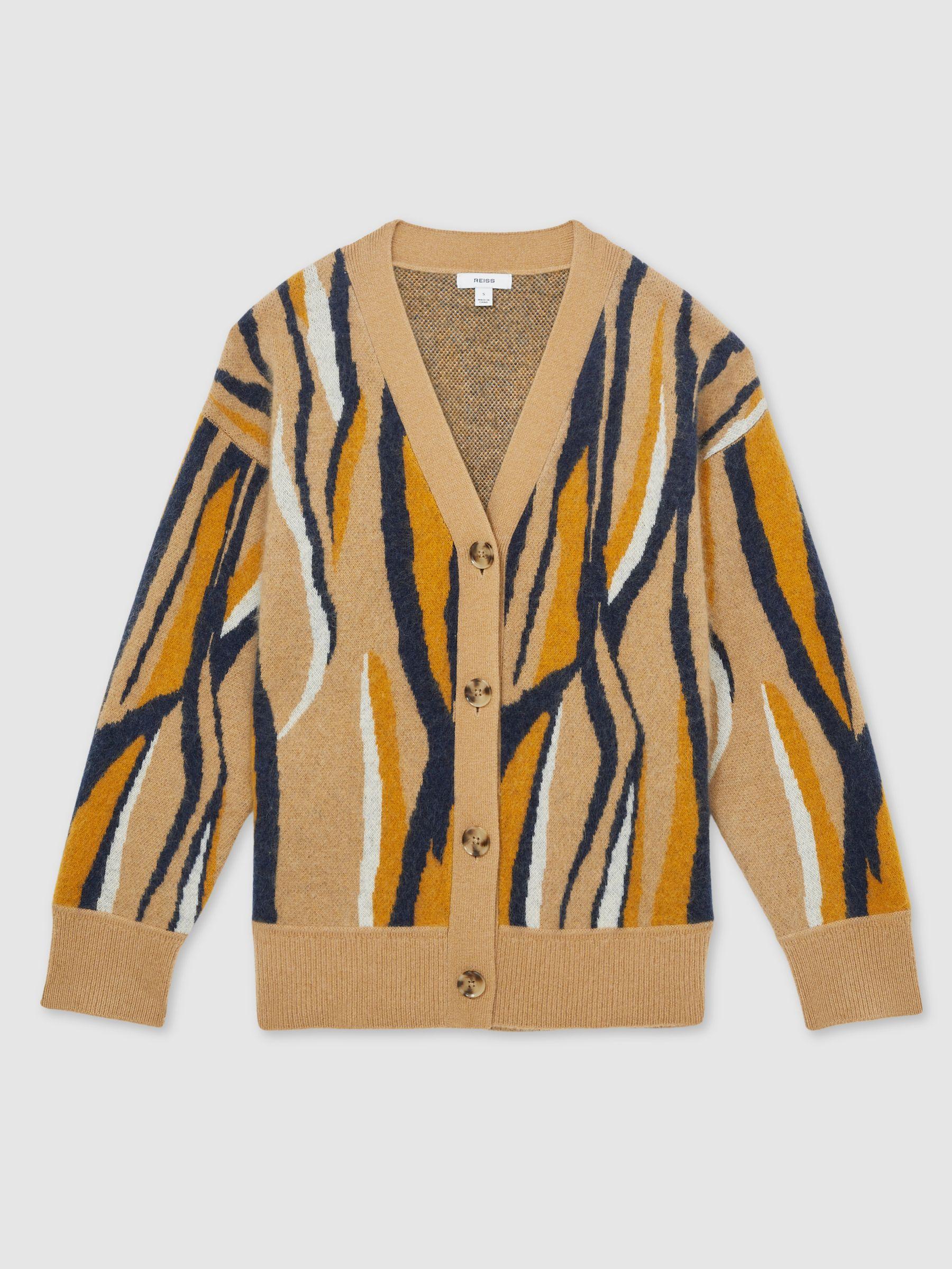 Wool Cashmere Intarsia Stripe Cardigan in Camel Product Image
