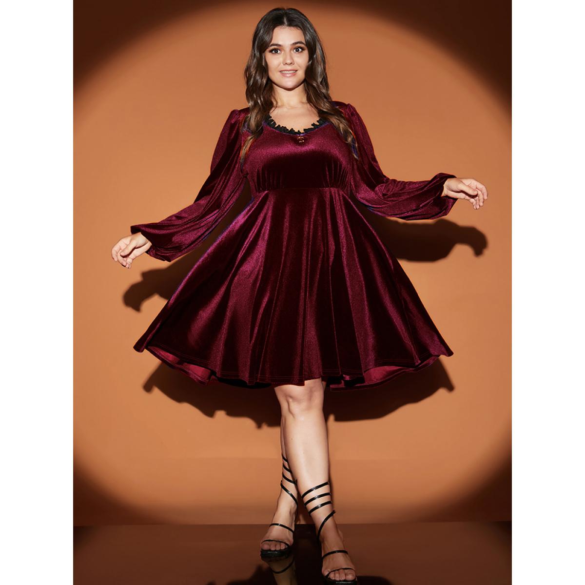 Solid Party High Waist Vintage Plus Size Women Knee Dress Going out Plain Pocket Moderately Stretchy Lantern Sleeve Long Sleeve V Neck Glamour Dresses BloomChic Product Image