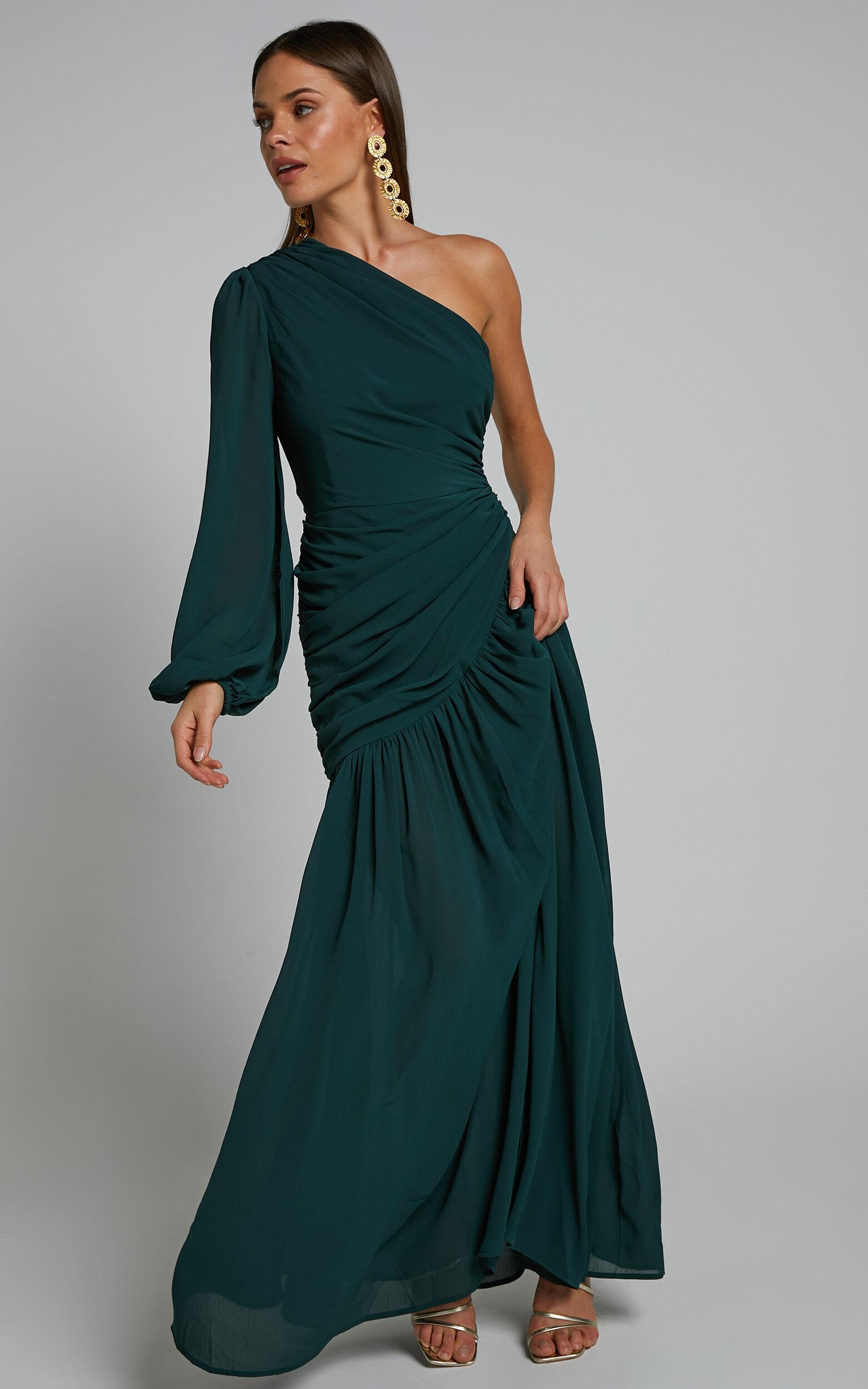 Grittah Midi Dress - One Shoulder Bishop Sleeve High Split Ruched Dress in Emerald Product Image