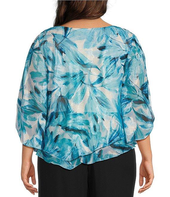 Alex Evenings Plus Size Chiffon Boat Neck 3/4 Sleeve Abstract Floral Print Double Tier Hem Blouse Product Image