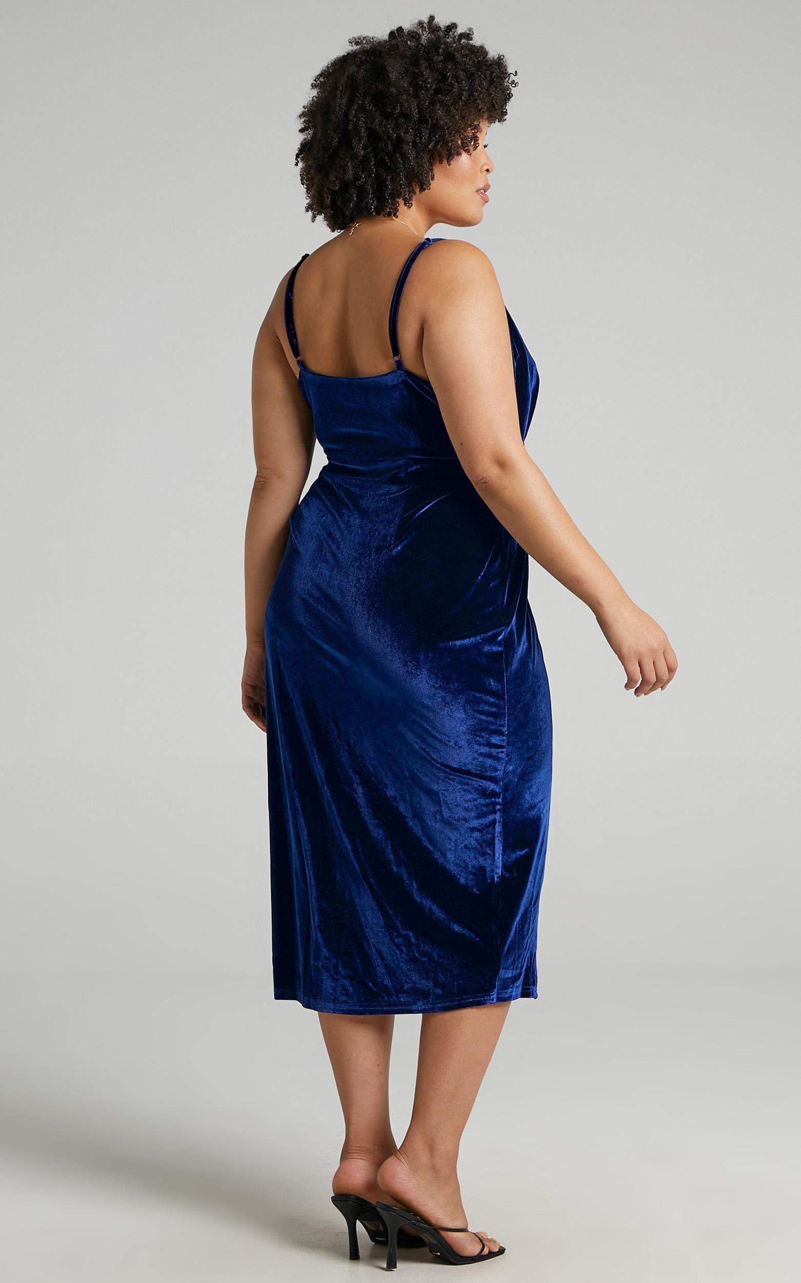 Loving Blind Midi Dress - Draped Thigh Split Dress in navy velvet Product Image