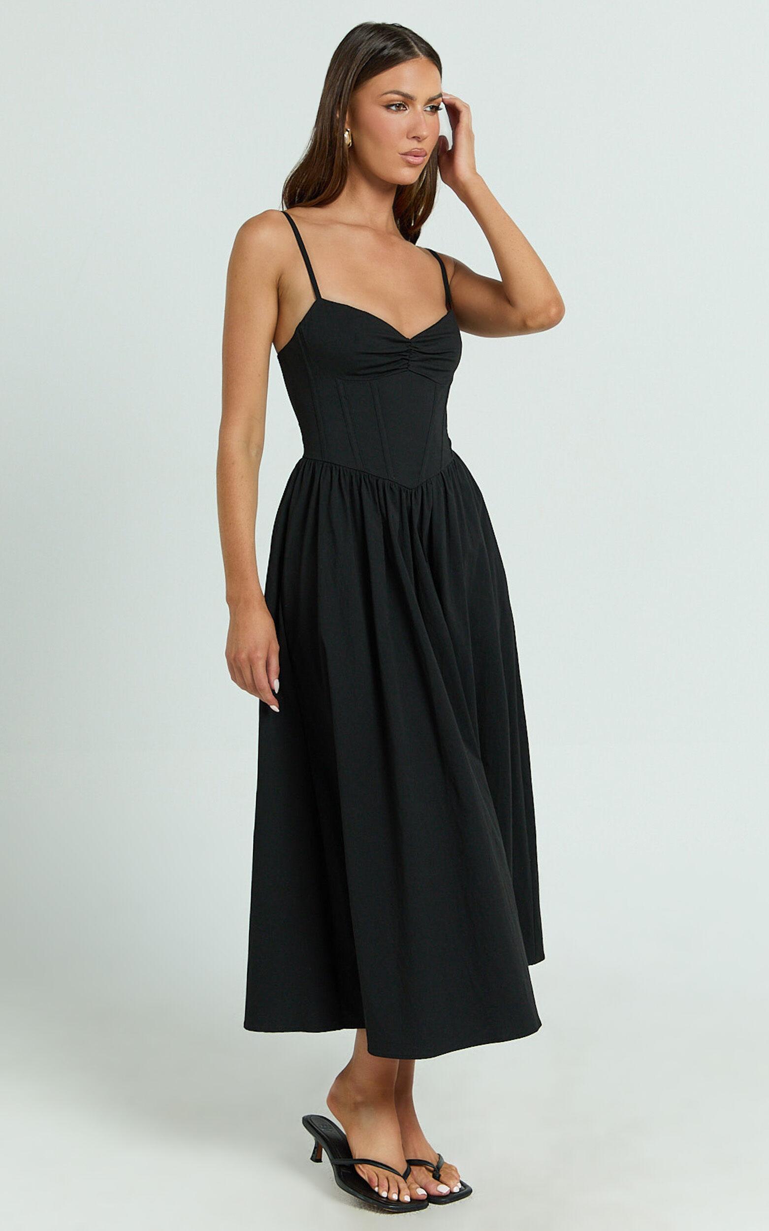 Maddie Midi Dress - Sweetheart Fit And Flare Gathered Dress in Black Product Image