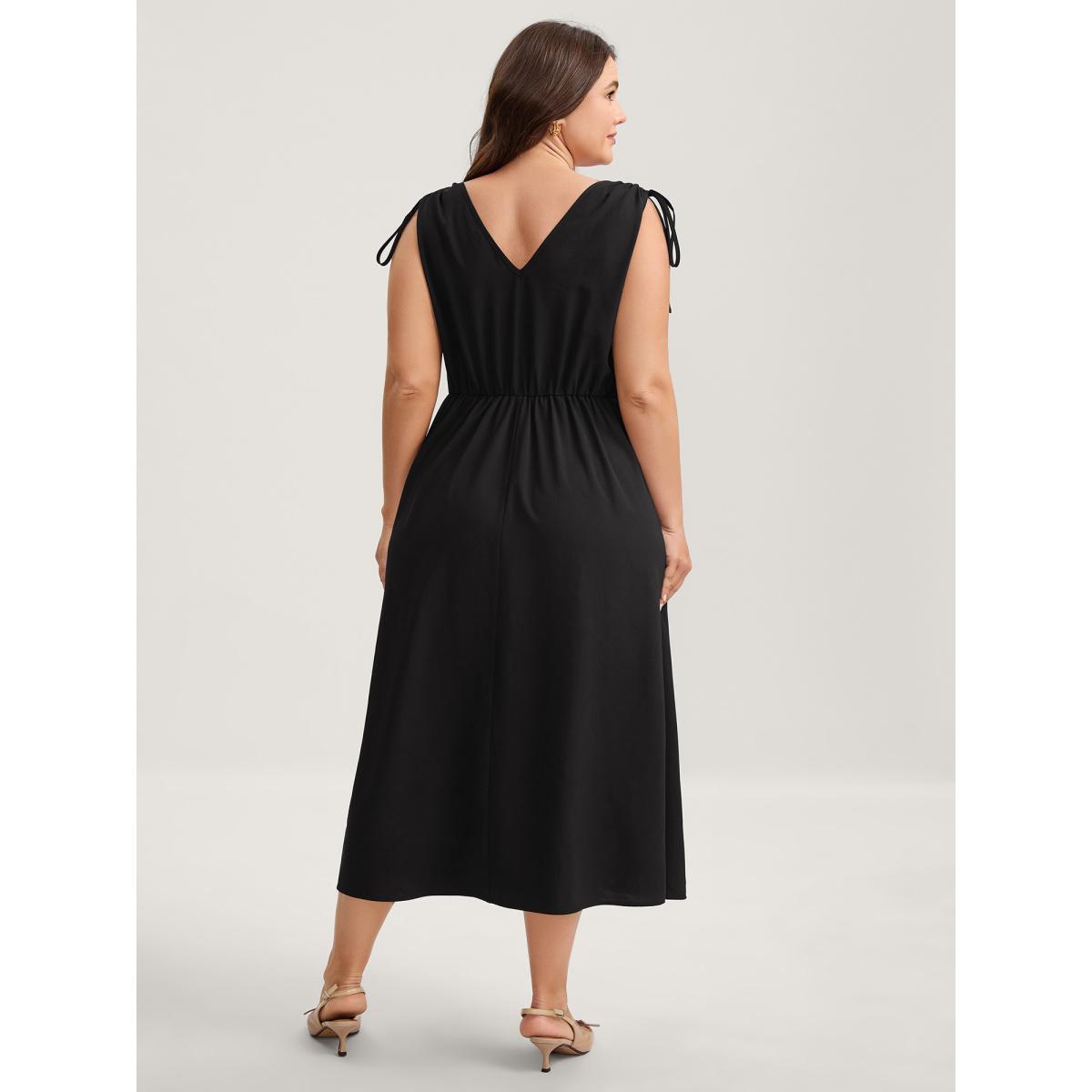 Plus Size Shoulder Drawstring Slit Solid Midi Dress Black Women V-neck Sleeveless Curvy BloomChic 26/4X Product Image