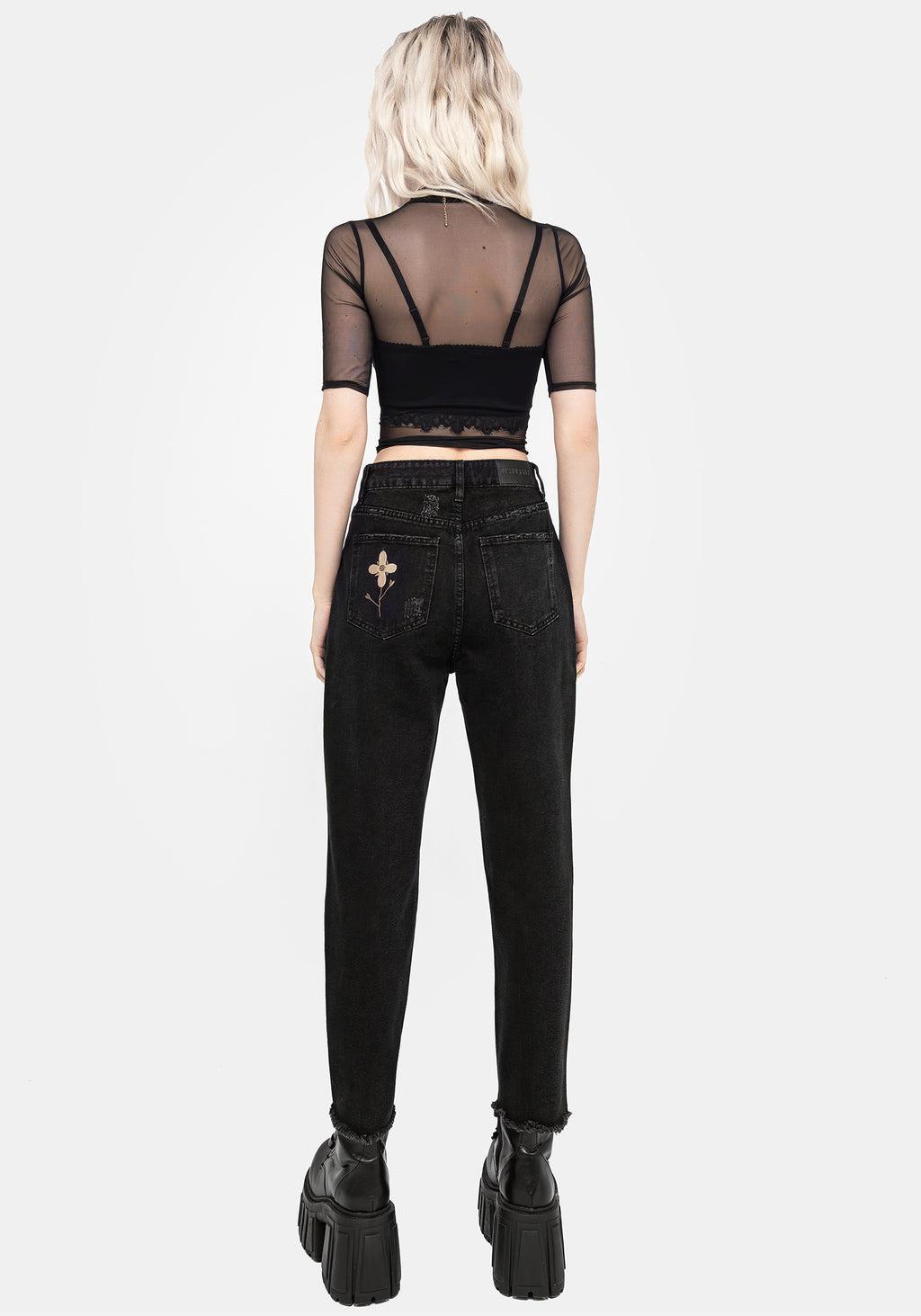 Griffinfly Embroidered Distressed Denim Mom Jeans Product Image