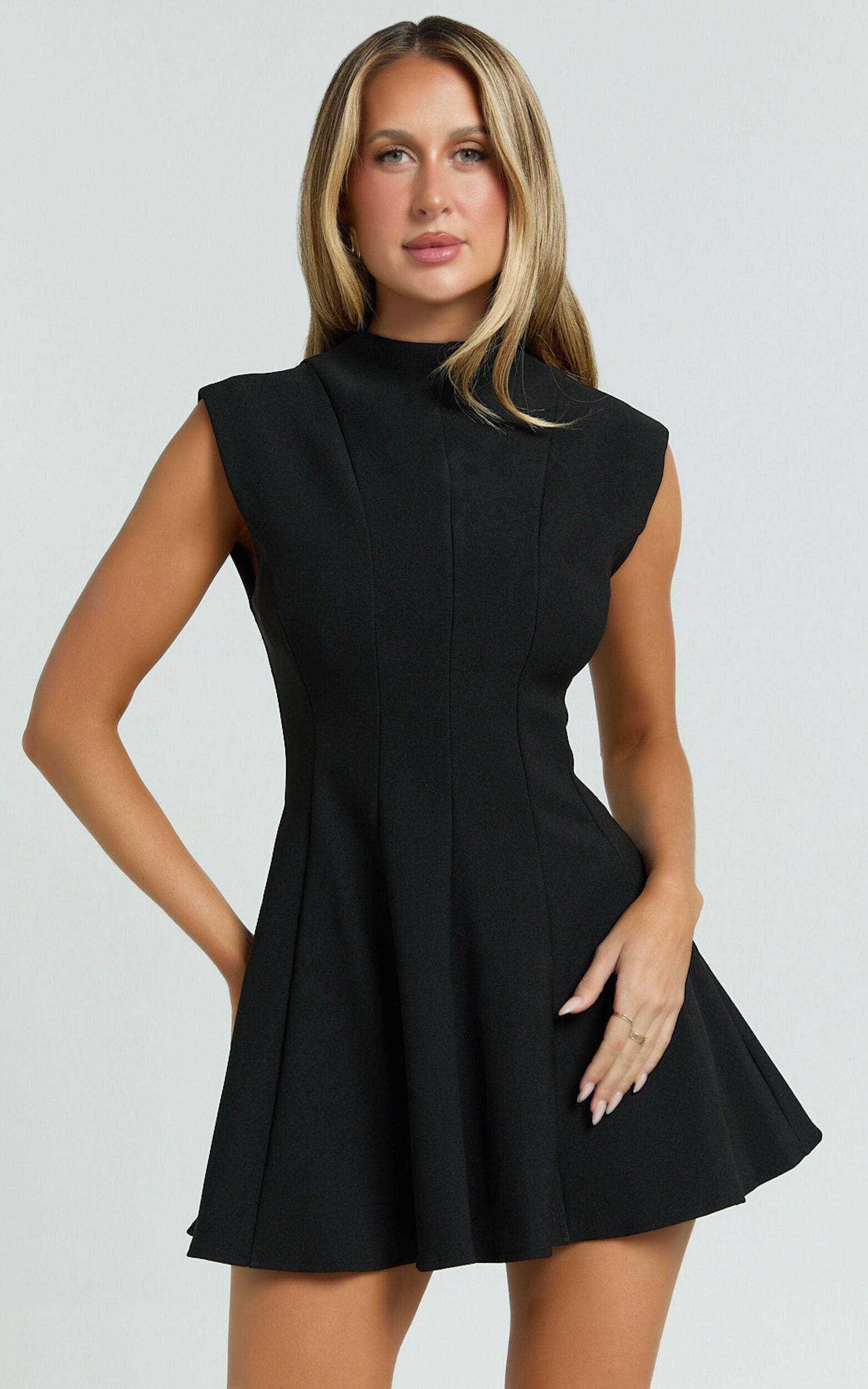 Becky Mini Dress - High Neck Sleeveless Fit And Flare Dress in Black Product Image
