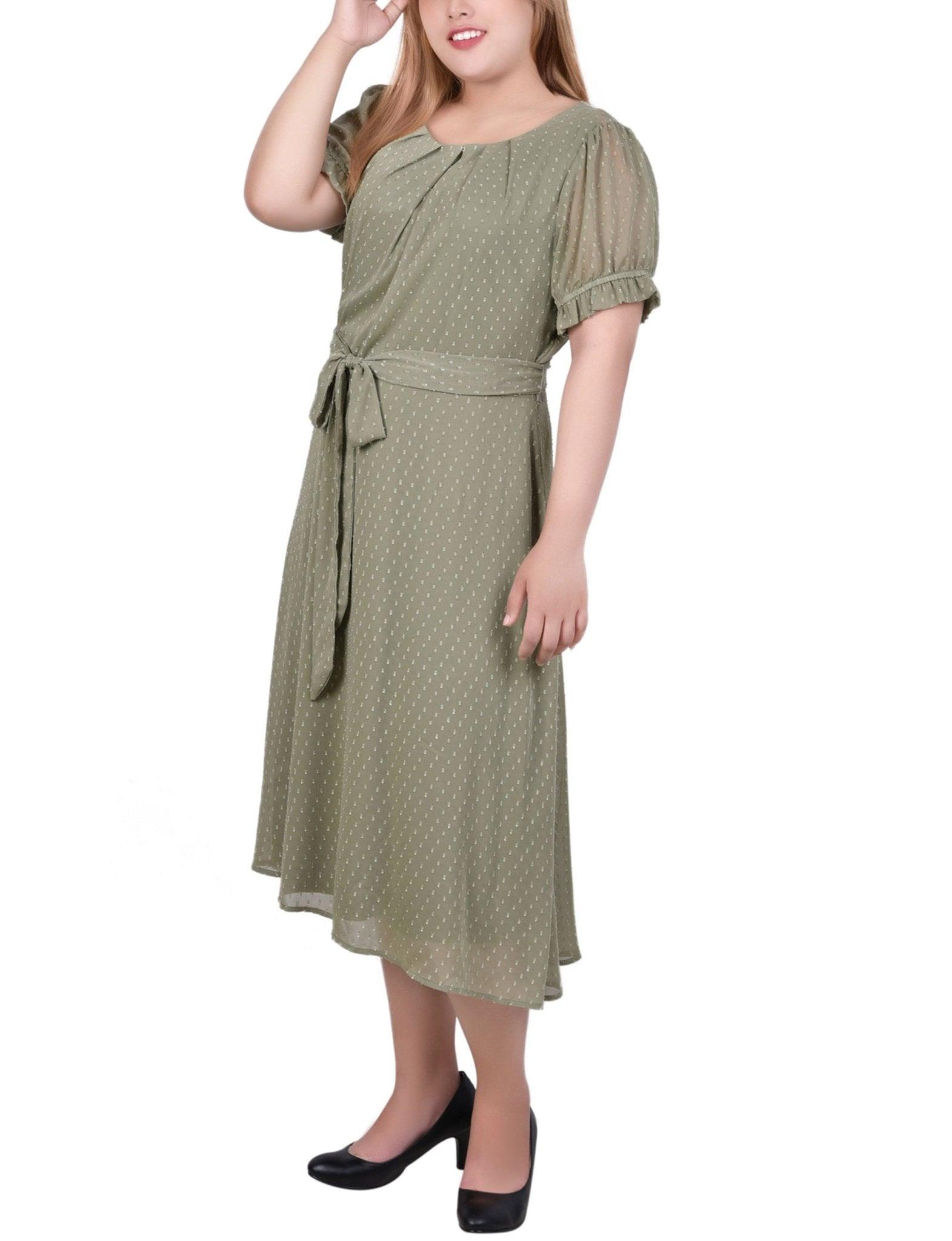 Spiced Coral Rectangle Short Sleeve Belted Swiss Dot Dress - Plus Product Image